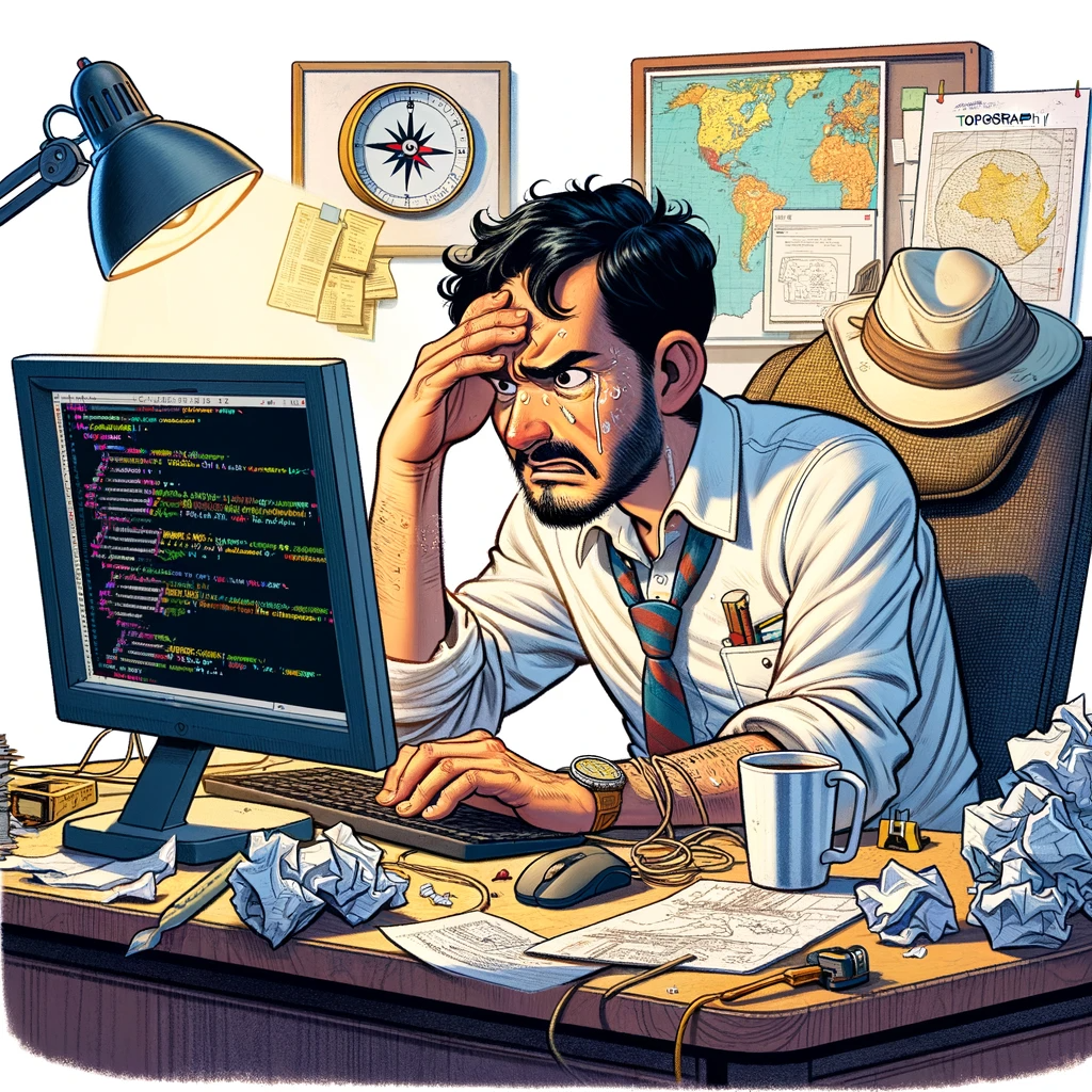 DALL·E 2023-12-26 09.32.59 - An illustration depicting a Latin American engineer topographer, sitting at a desk with a computer, showing visible signs of frustration. The engineer