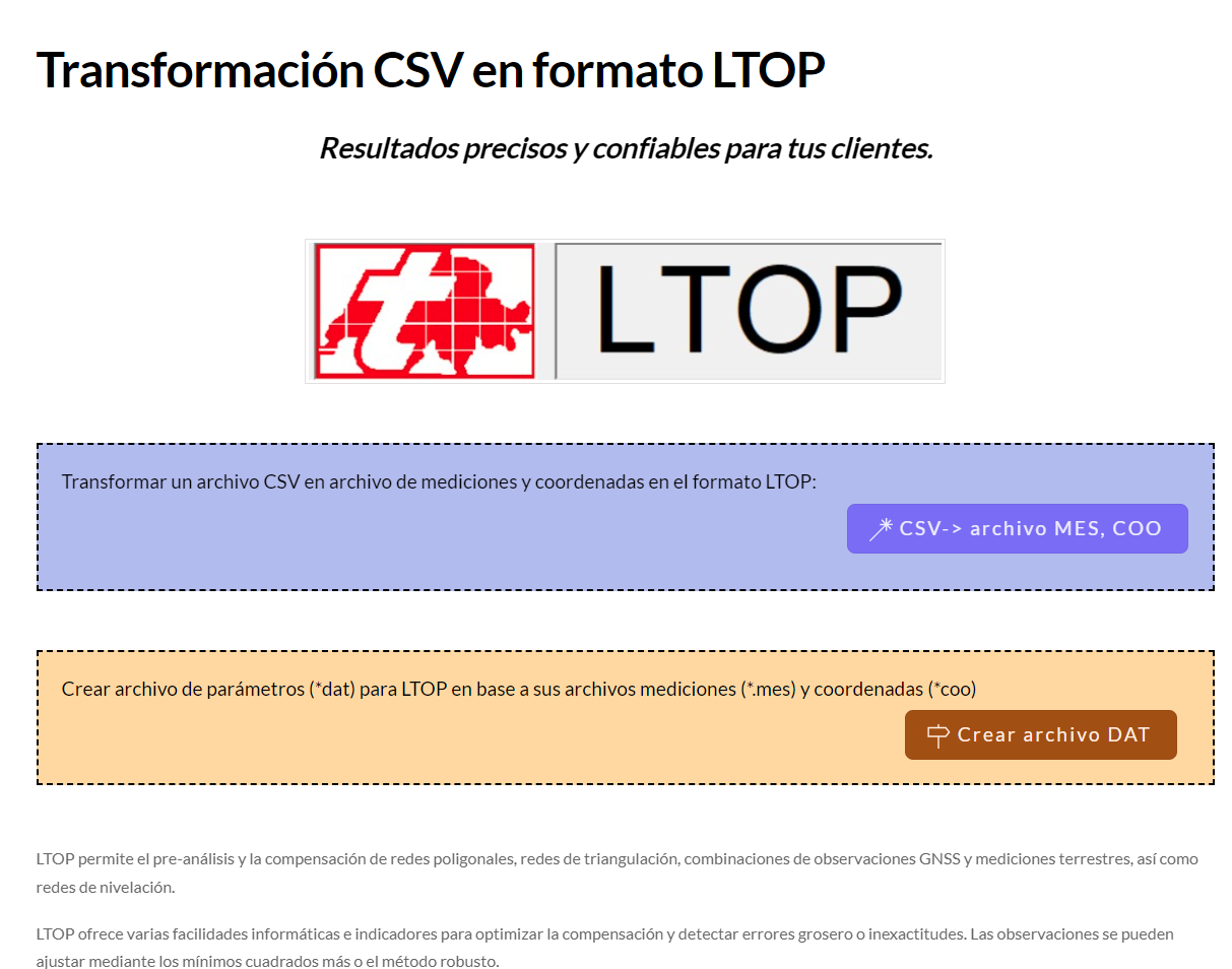 Pagina de transformación de mediciones de texto a LTOP, el software de ajuste gratuito.